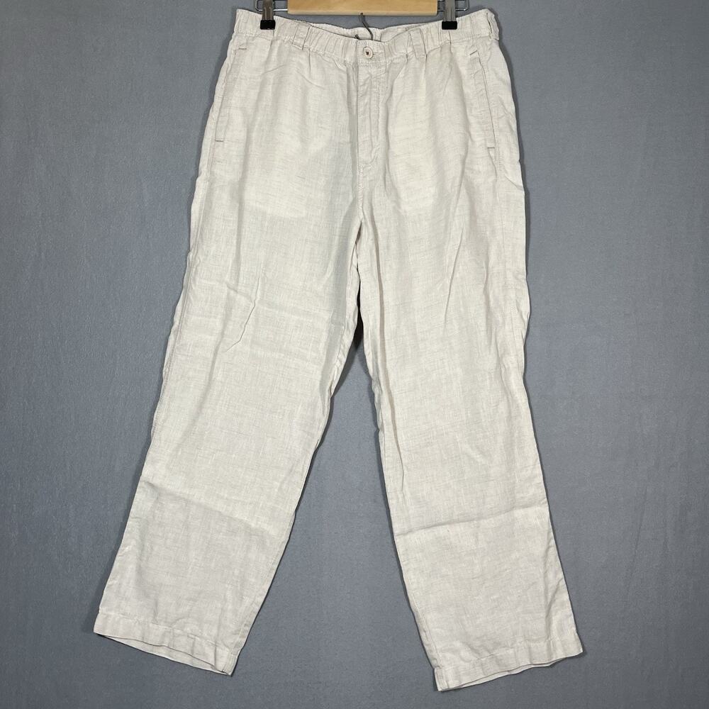 Tommy Bahama Womens Relax Fit Linen Pants M Beige‎ Straight Leg High Rise Woven